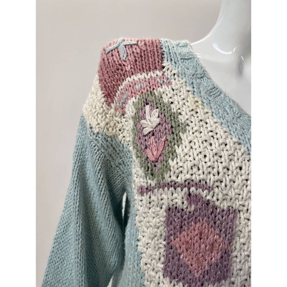 Vintage Huntington Ridge Womens Pullover Sweater Blue V Neck Chunky Hand Knit M - Picture 5 of 12